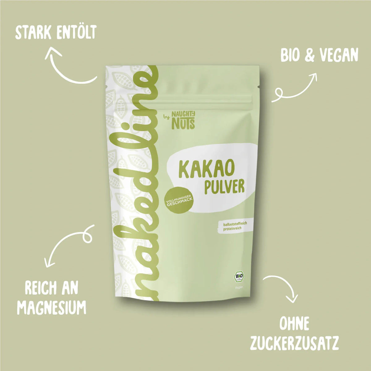 Verpackung von Nakedline Kakao Pulver mit Hinweisen zu Bio, Vegan, Magnesiumgehalt und ohne Zuckerzusatz
