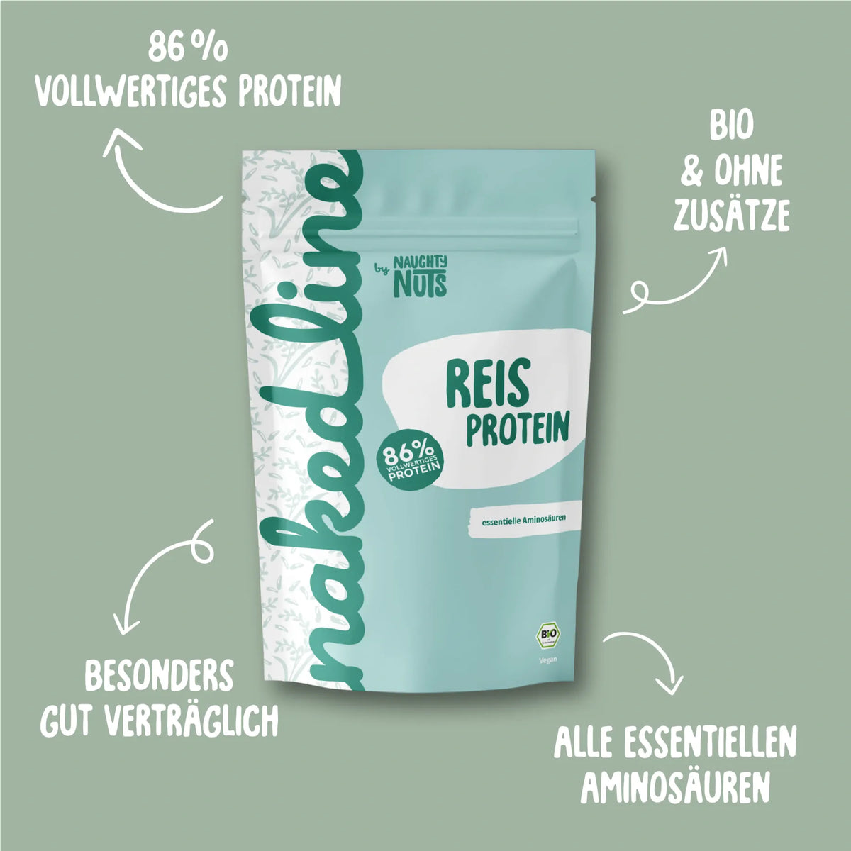 Verpackung von Nakedline Reis Protein mit Hinweisen zu Bio Qualitaet und Aminosaeuren