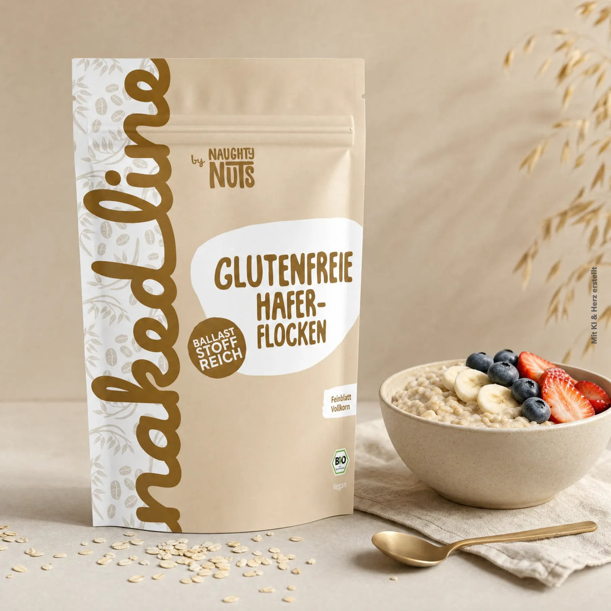 Packung glutenfreie Haferflocken von Naughty Nuts neben einer Schale Haferbrei mit Beeren und Bananen