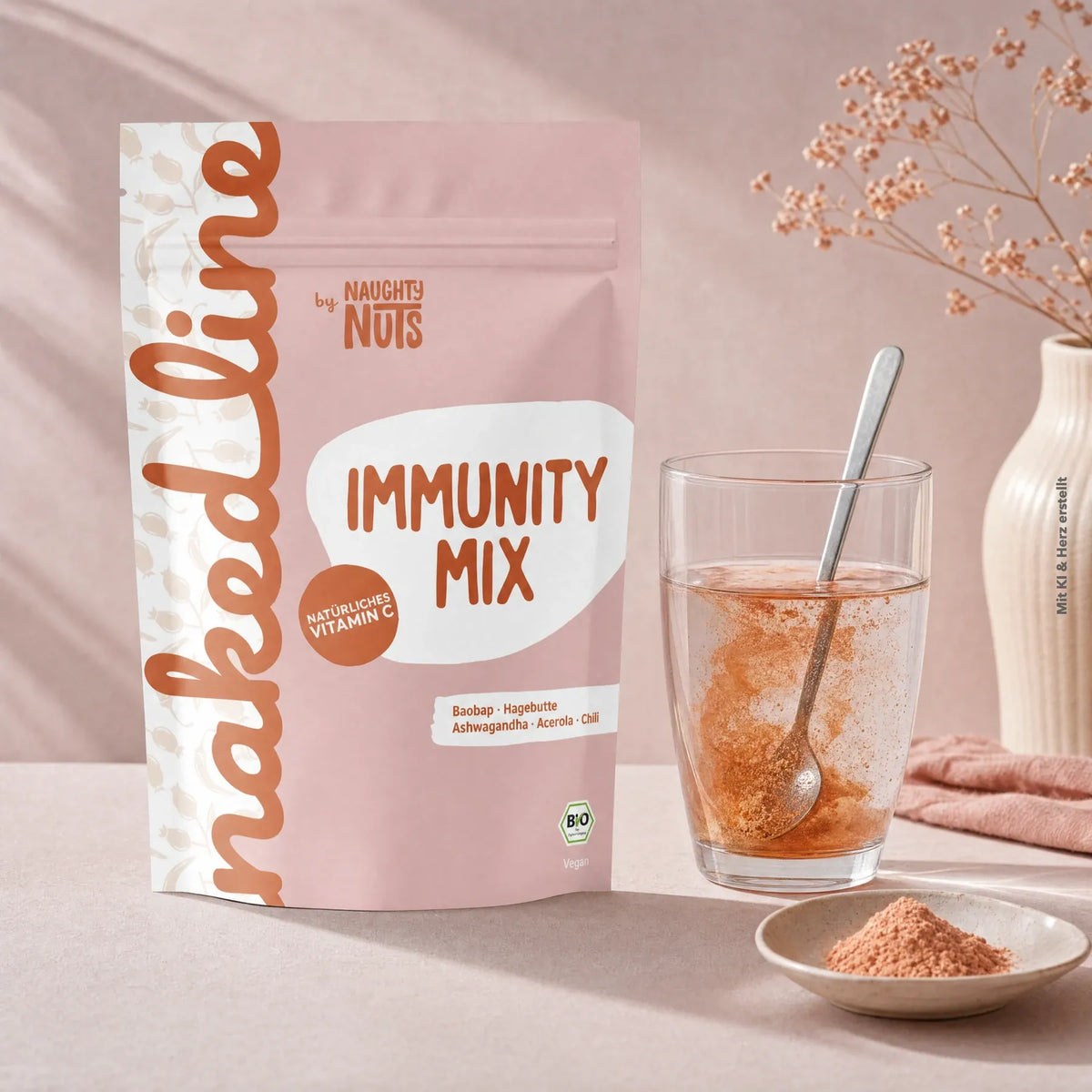 Naughty Nuis Immunity Mix Pulverbeutel neben einem Glas Wasser mit Löffel und einer kleinen Schale mit Pulver