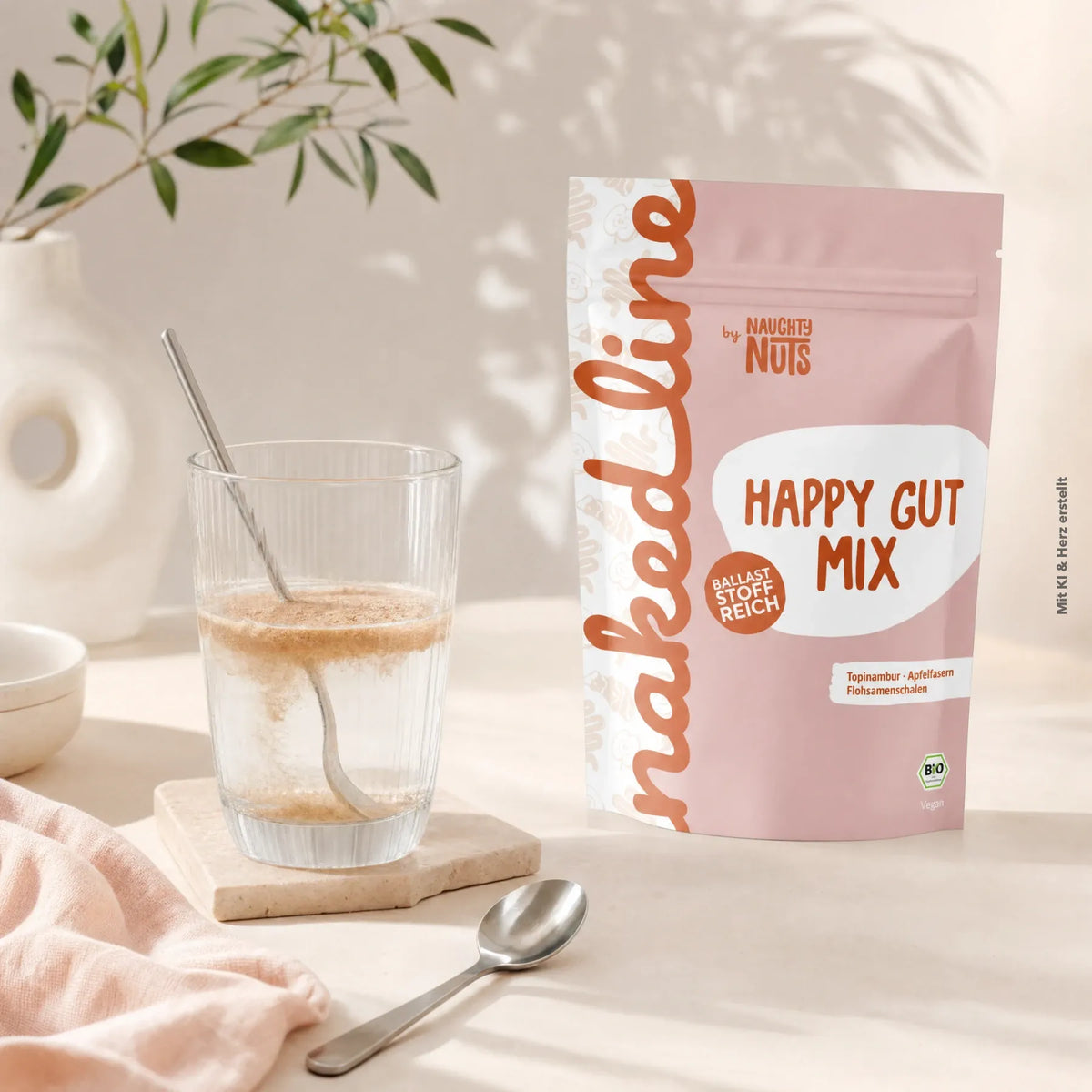 Naughty Nuts Happy Gut Mix Pulverbeutel neben einem Glas Wasser mit Löffel auf einem Tisch