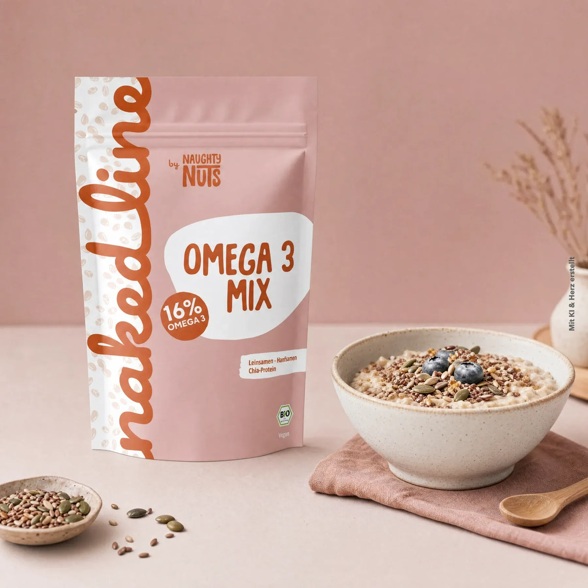 Omega 3 Mix Verpackung neben einer Schale mit Haferbrei und Samen