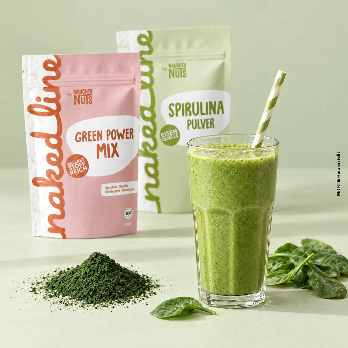 Grüner Smoothie mit Green Power Mix und Spirulina.