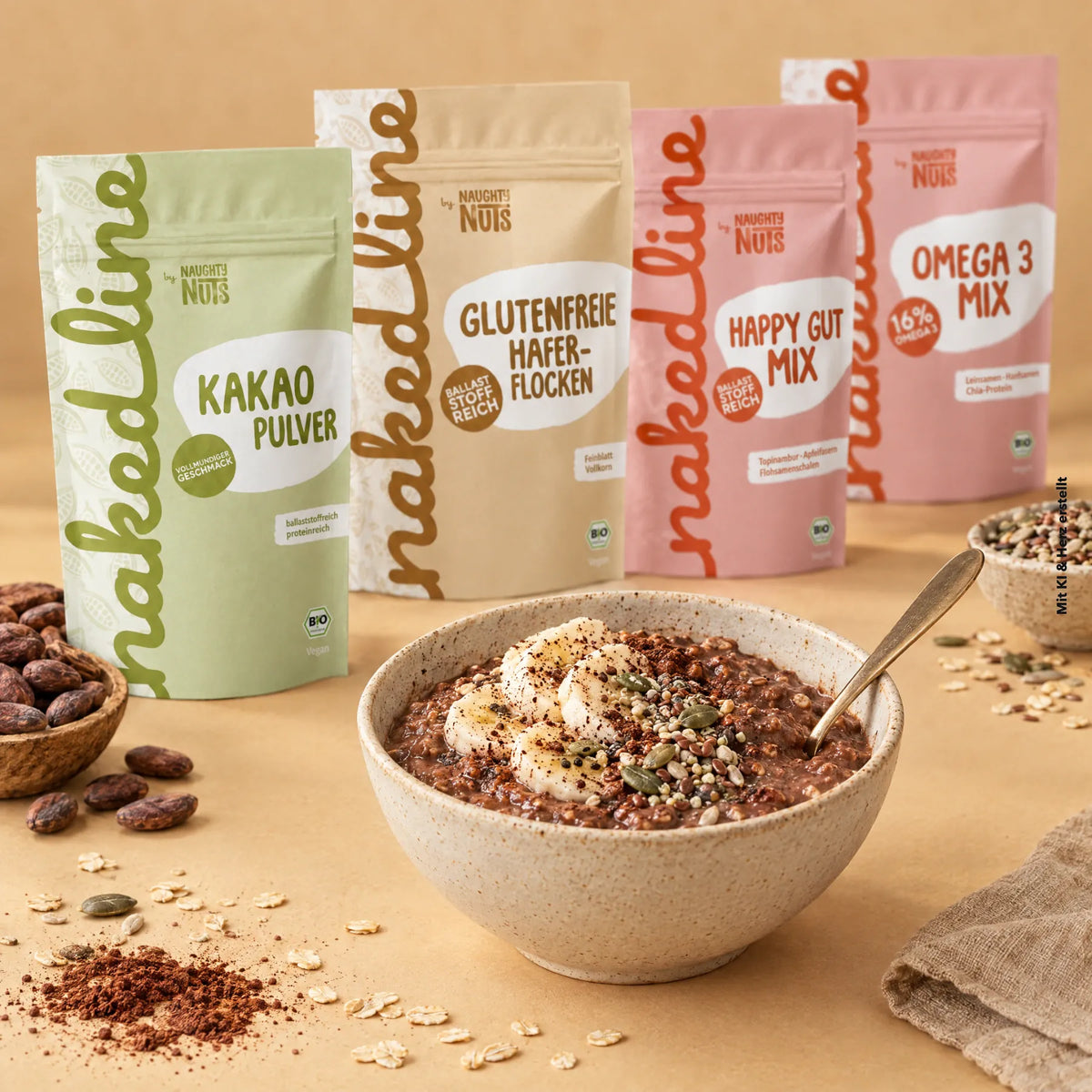 Schoko-Porridge mit Kakao, Haferflocken, Happy Gut Mix und Omega 3 Mix.