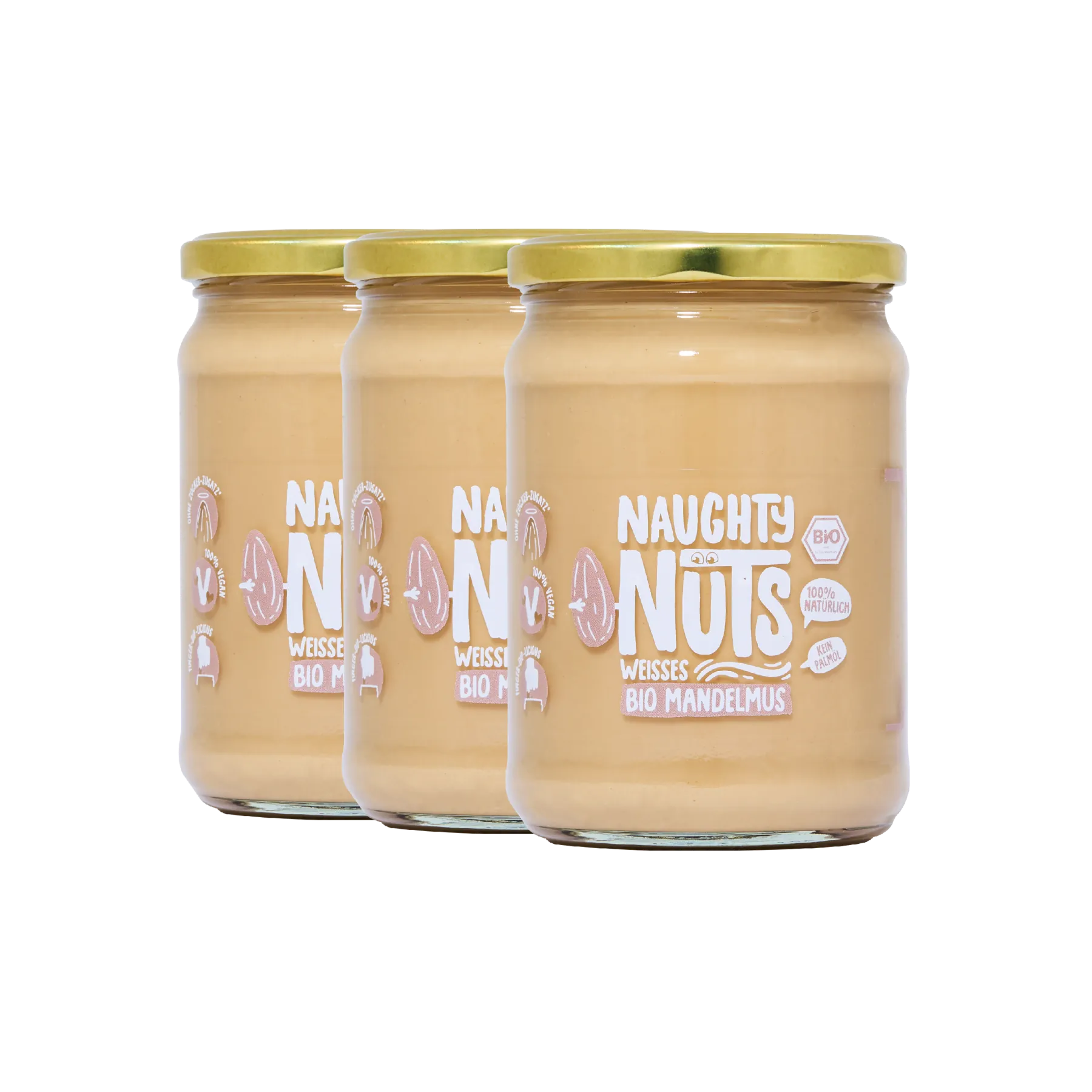 Drei Gläser Bio Weißes Mandelmus von Naughty Nuts mit goldenem Deckel