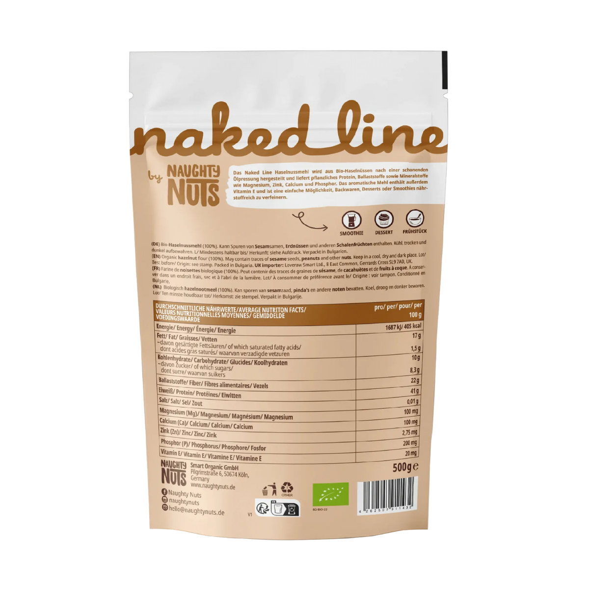 Rückseite der Verpackung von Naked Line Haselnuss Mehl mit Nährwerttabelle und Produktinformationen