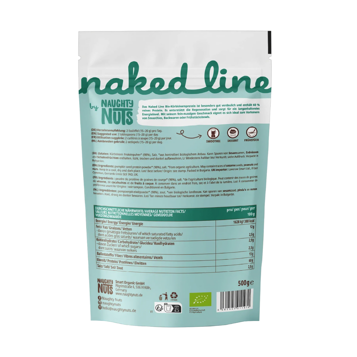 Rückseite der Verpackung von Kürbiskern Protein mit Nährwerttabelle und Zutatenliste