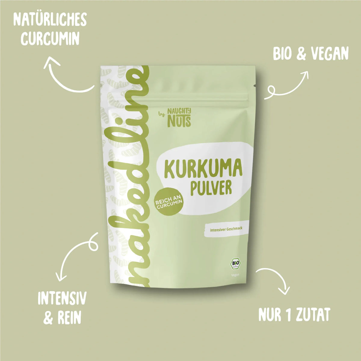 Verpackung von Kurkuma Pulver mit Hinweisen zu Bio Qualität und natürlichem Curcumin
