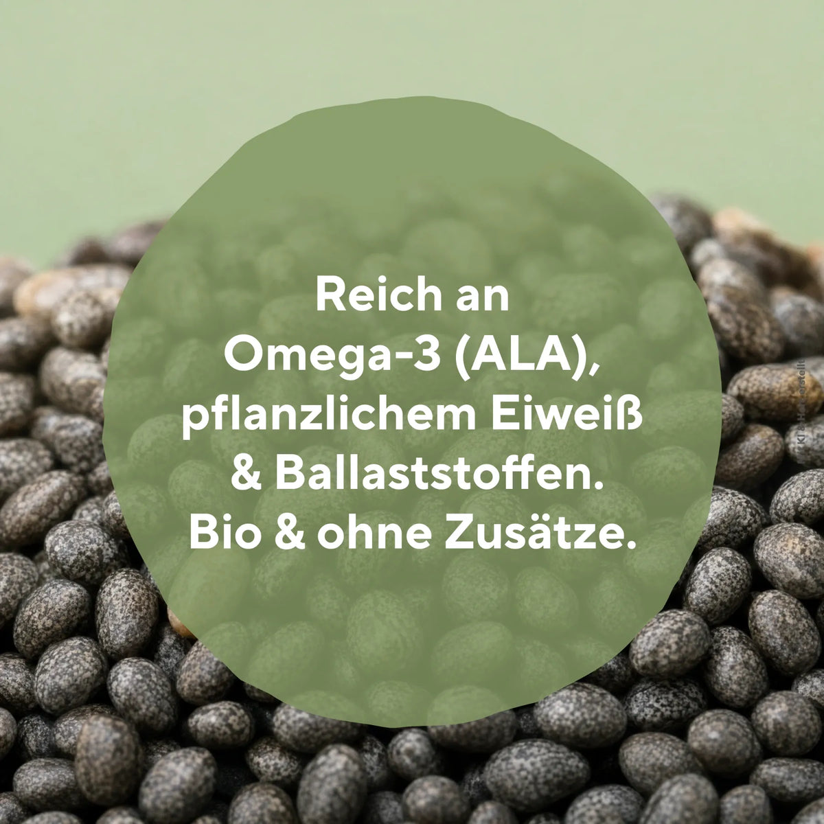Chia Samen mit Text zu Omega 3 pflanzlichem Eiweiß Ballaststoffen Bio und ohne Zusätze