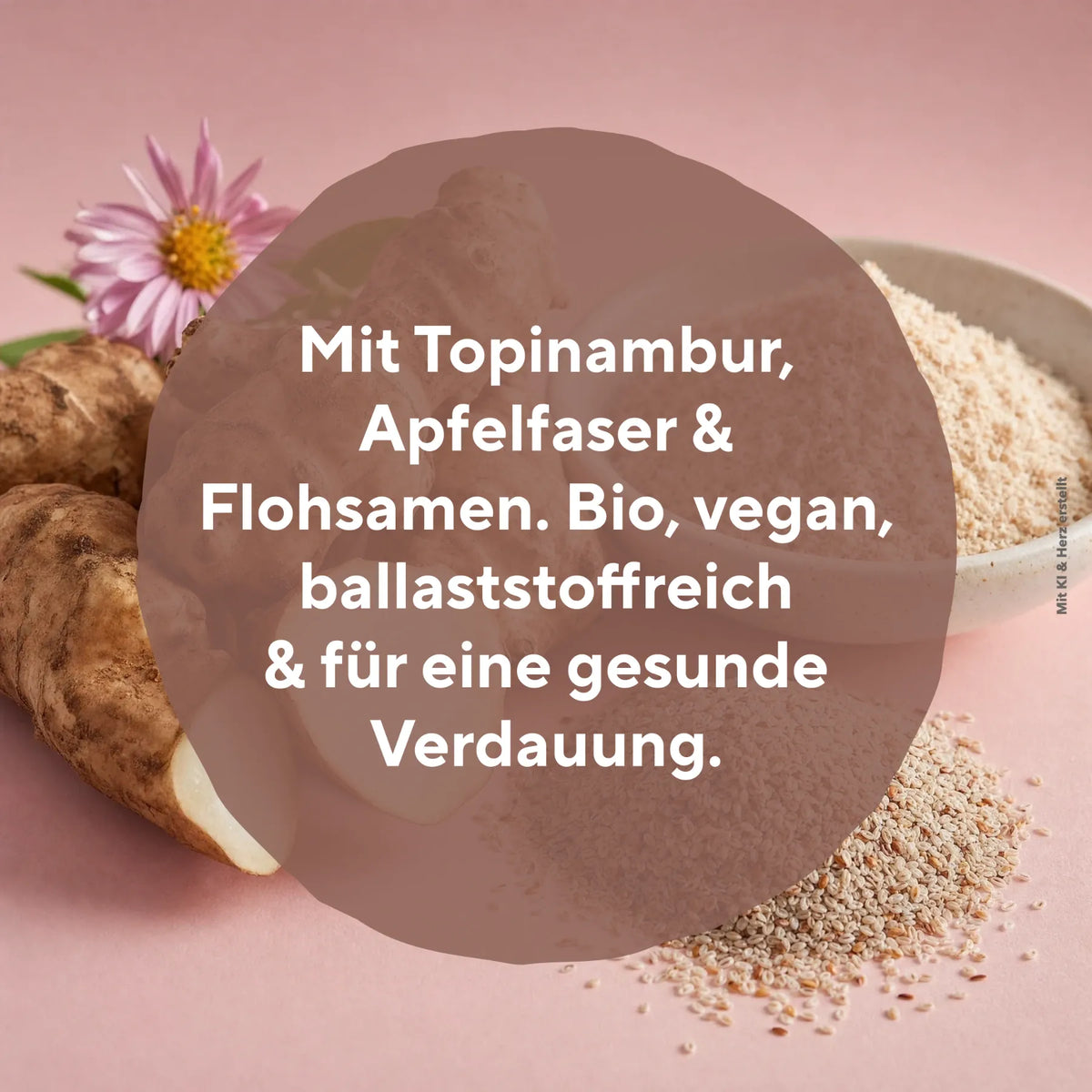 Topinambur Knollen mit Apfelfasern und Flohsamen auf rosa Hintergrund