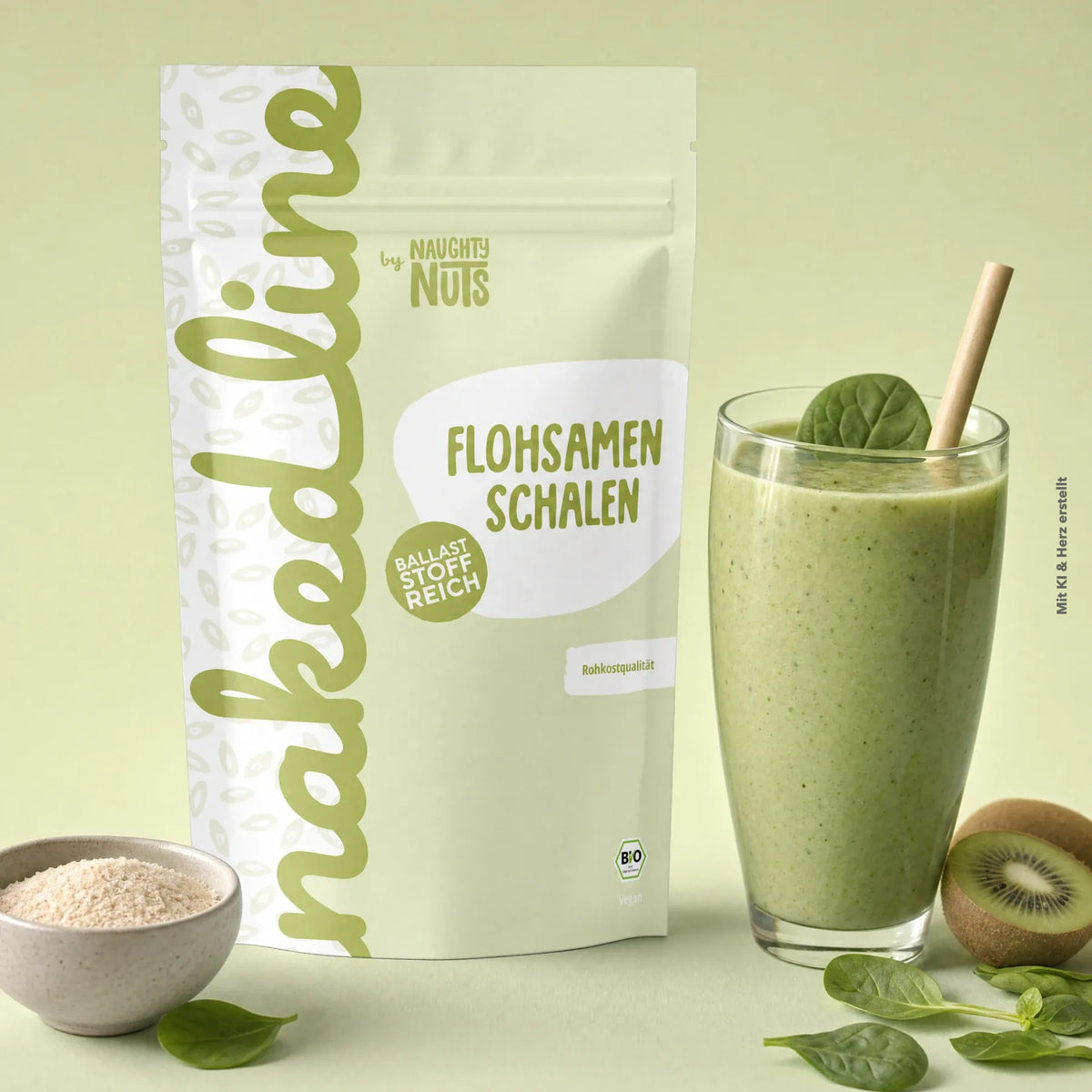 Verpackung von Flohsamen Schalen neben einem Glas mit grünem Smoothie und einer Kiwi