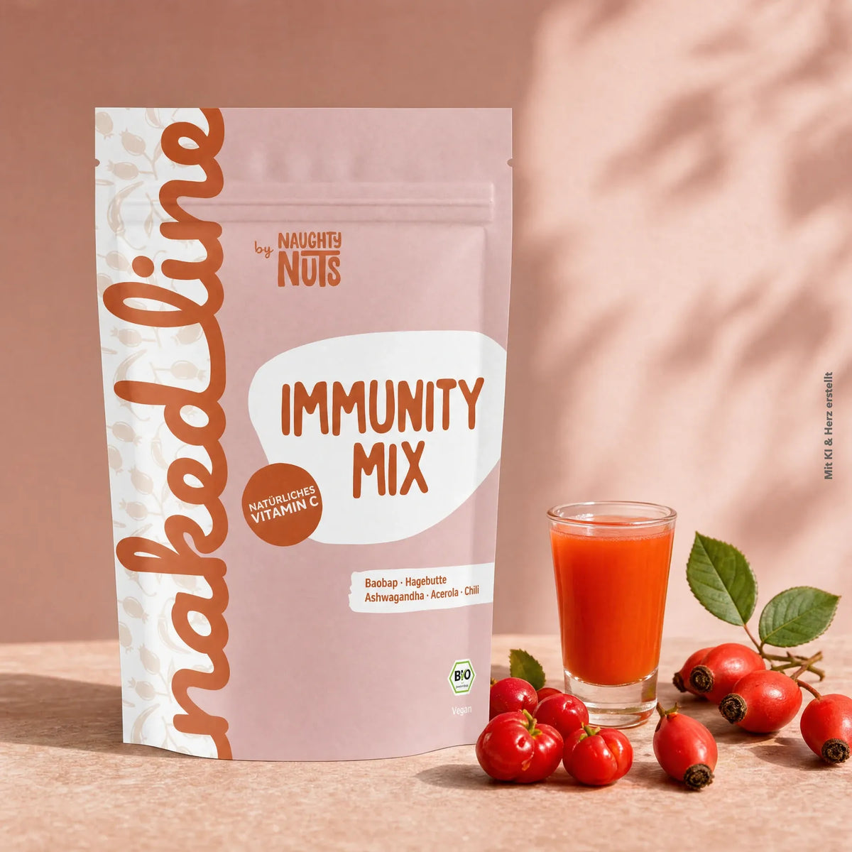 Immunity Mix Pulverbeutel neben einem Glas Saft mit Hagebutten und Acerolakirschen