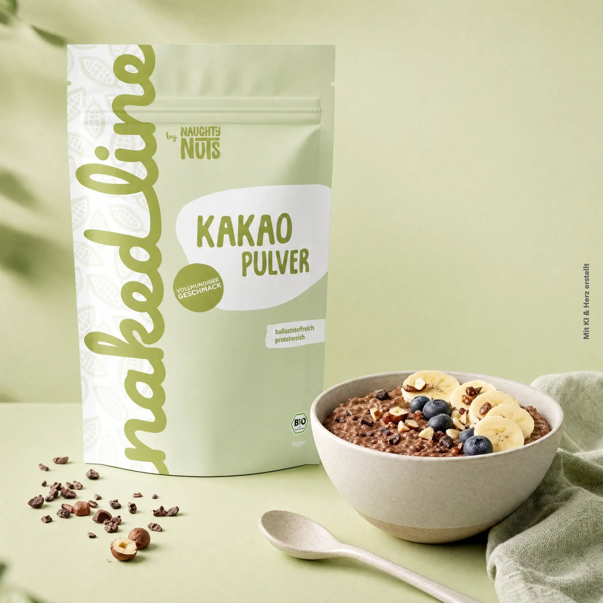 Verpackung von Naughty Nuts Kakao Pulver neben einer Schale mit Schoko Porridge garniert mit Bananen und Blaubeeren