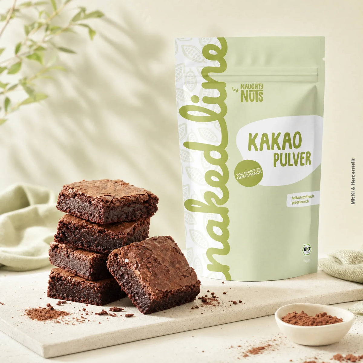 Naughty Nuts Nakedline Kakao Pulver neben einem Stapel Schokoladenbrownies auf einem hellen Untergrund