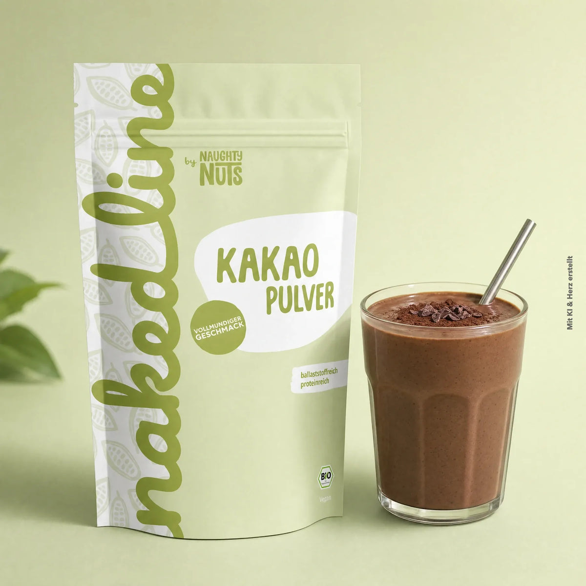 Nakedline Kakao Pulver Beutel neben einem Glas mit Kakaogetränk und Metallstrohhalm