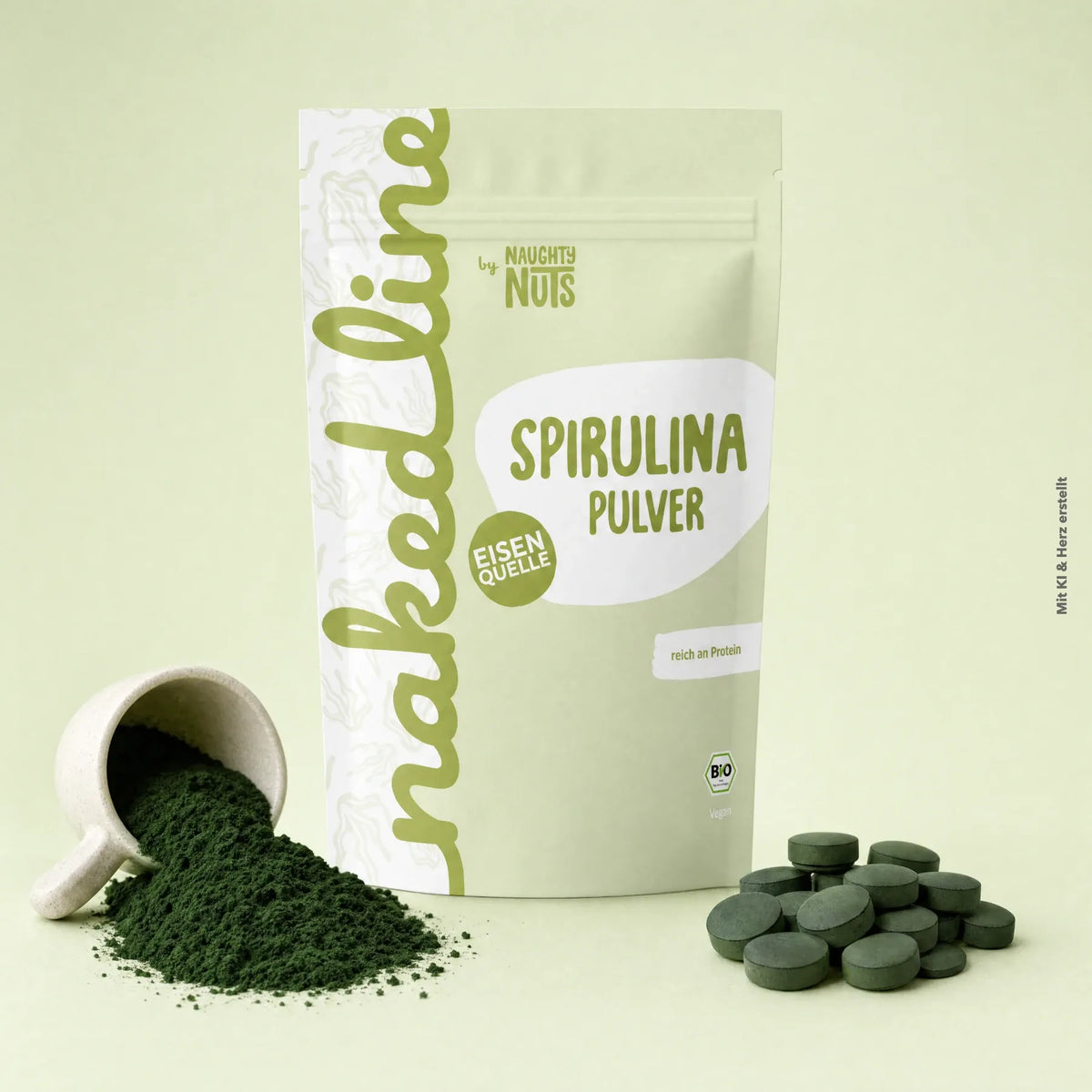 Naked Line Spirulina Pulver Beutel mit grünem Pulver in einer Tasse und Spirulina Tabletten