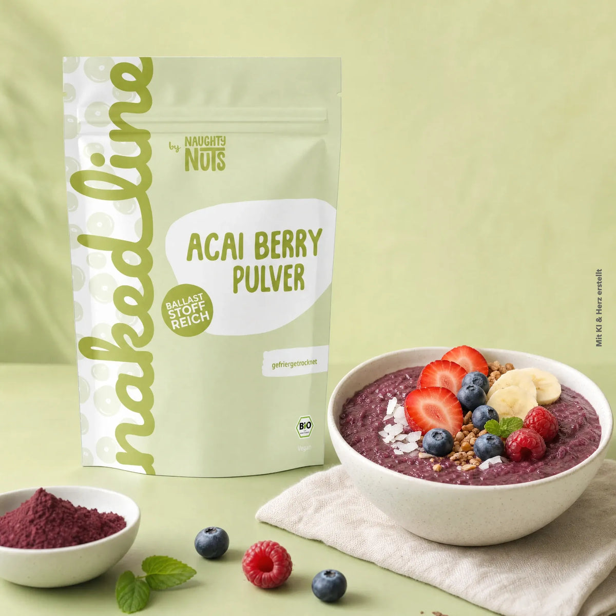 Acai Berry Pulver Beutel neben einer Schale mit Acai Bowl garniert mit frischen Beeren und Bananenscheiben