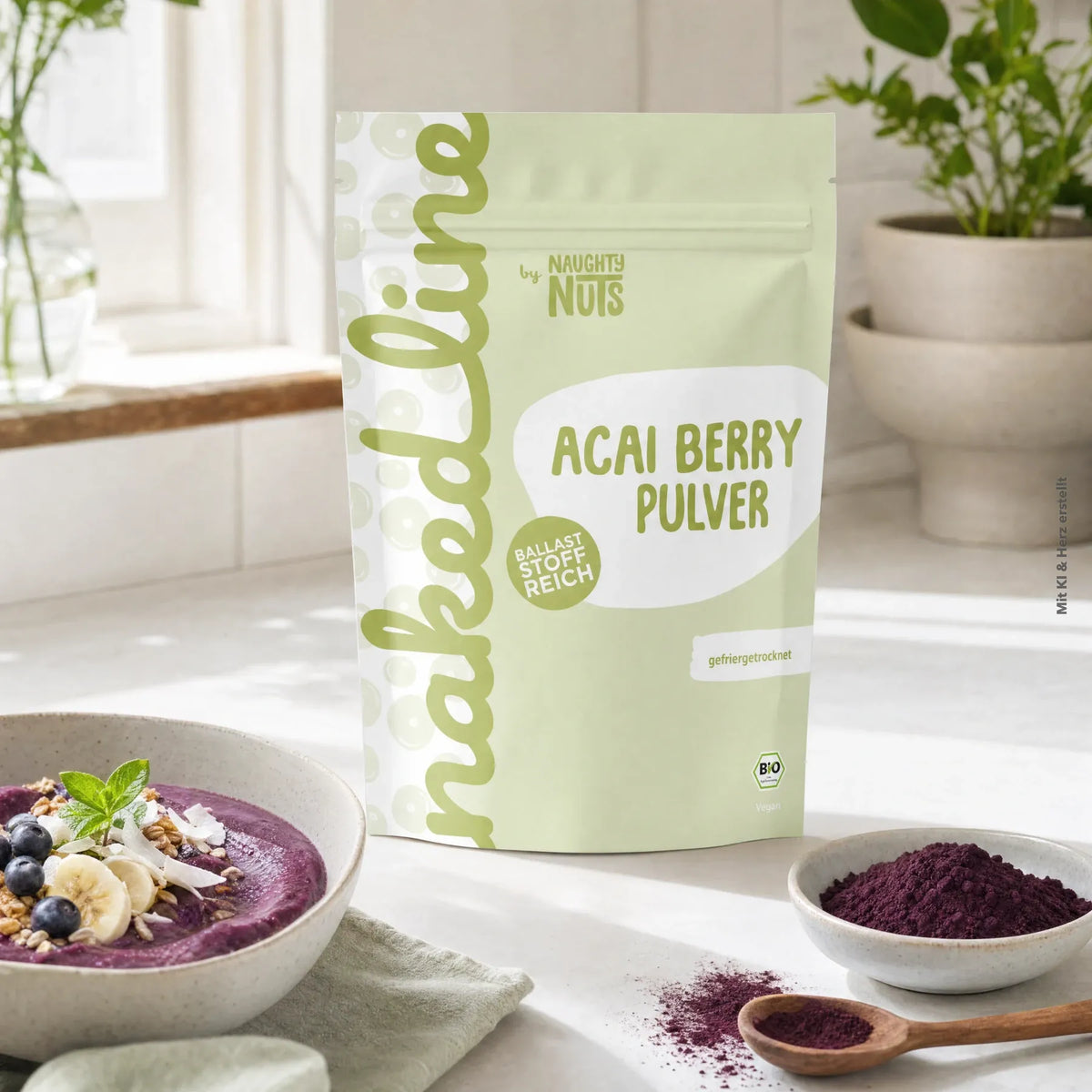 Naked Line Acai Berry Pulver Beutel neben einer Acai Bowl und einer Schale mit Pulver