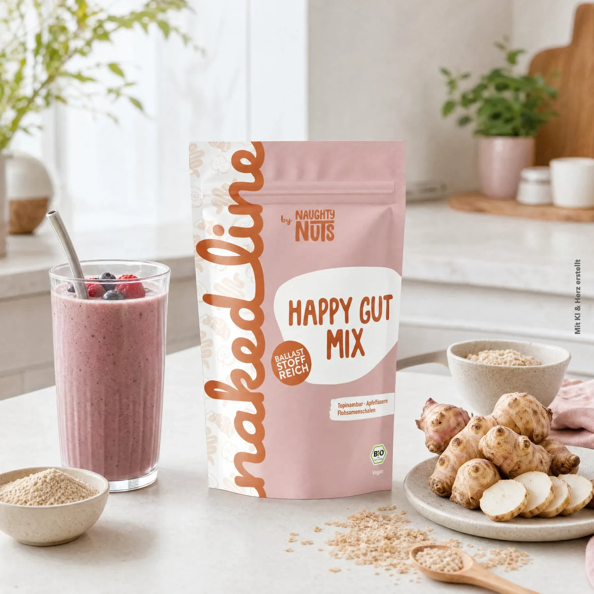 Happy Gut Mix Beutel neben einem Beerensmoothie und frischem Topinambur auf einem Küchentisch