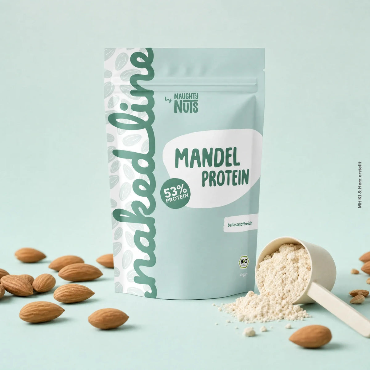 Mandel Protein Beutel mit Messlöffel und ganzen Mandeln auf hellblauem Hintergrund