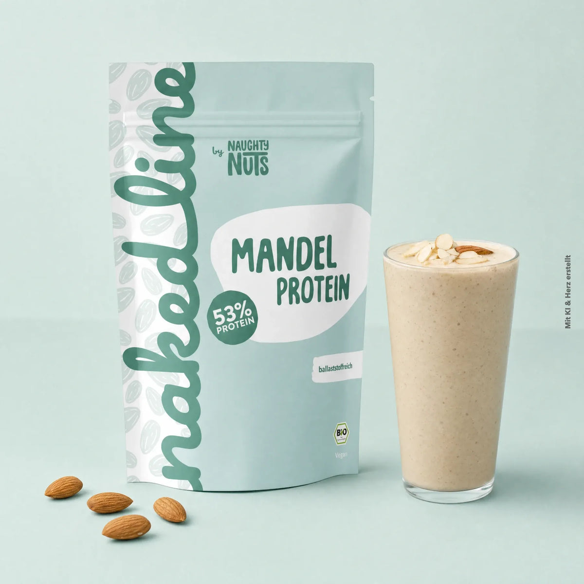 Naughty Nuts Naked Line Mandel Protein Beutel neben einem Glas mit Mandelshake und ganzen Mandeln