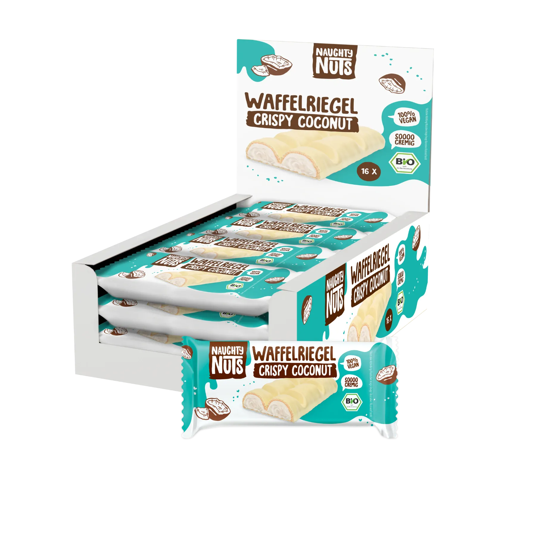Verkaufsdisplay mit 16 Bio Schoko-Waffelriegeln Crispy Coconut