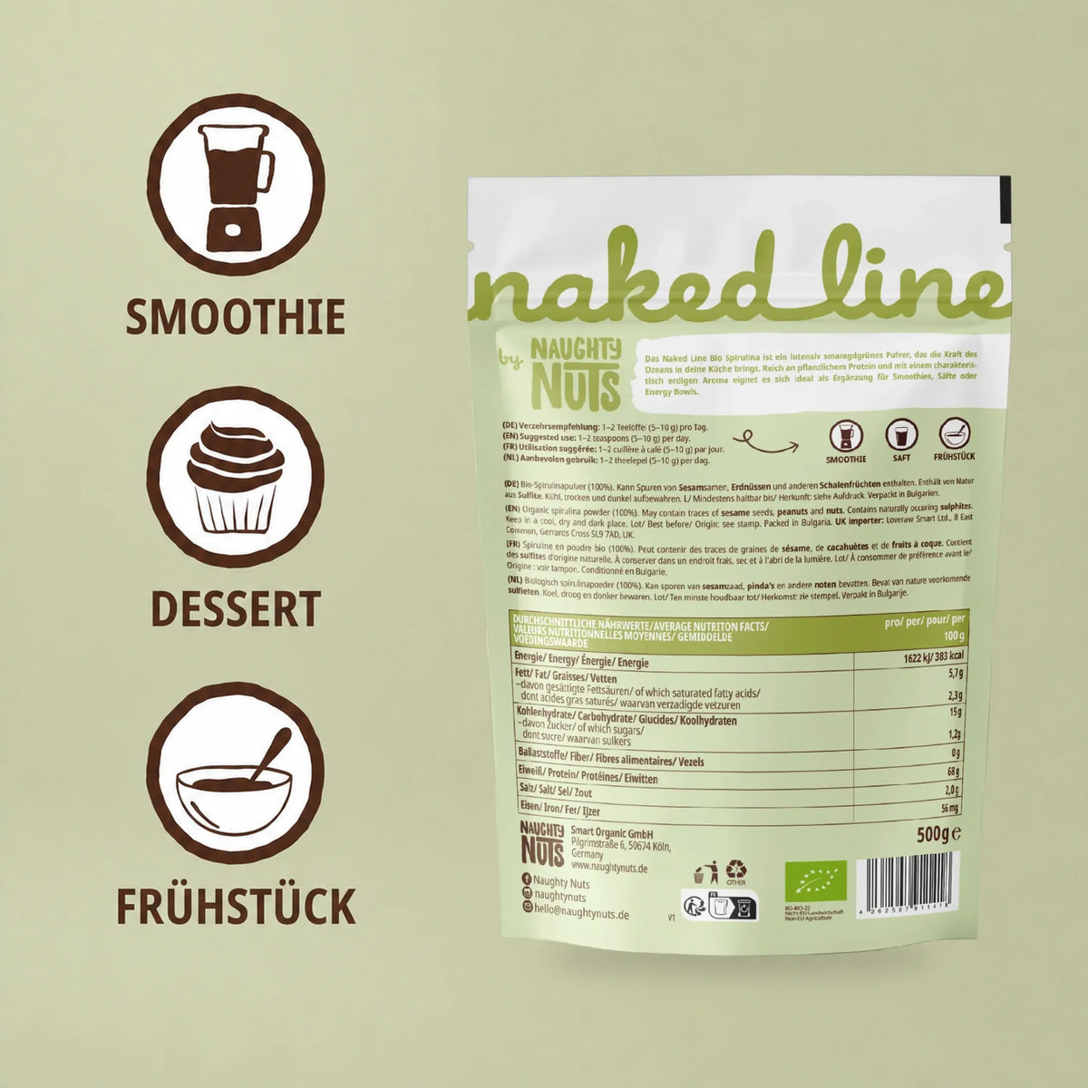 Rückseite der Spirulina Pulver Verpackung mit Nährwerttabelle und Anwendungshinweisen