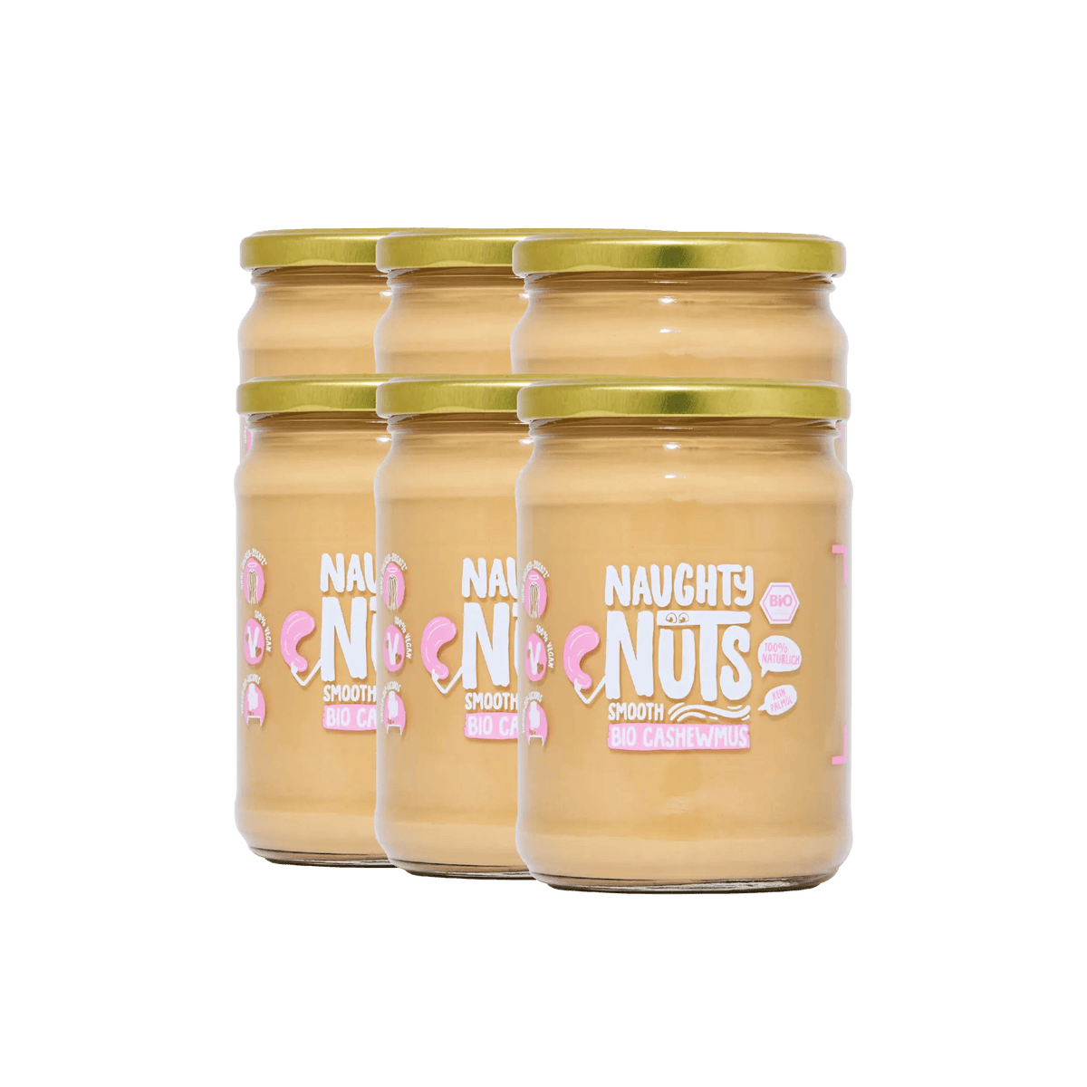 Sechs Gläser Bio Cashewmus Smooth in zwei Reihen angeordnet